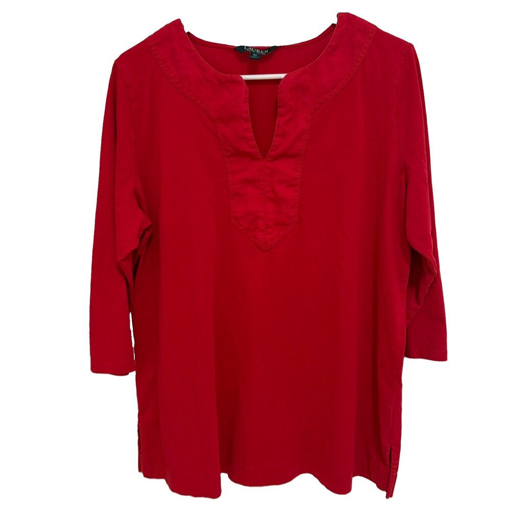 Lauren Ralph Lauren Blouse Women's 2X Plus Red V Neck Romantic Feminine Top